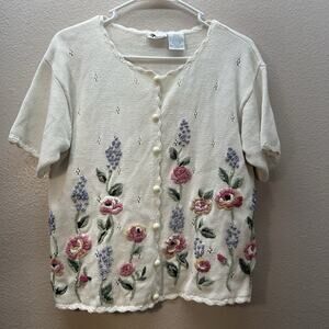 VTG CottageCore Knit Sweater Top Cardigan Floral Embroidered Grandma Womens M